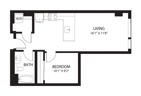Floor plan for 1 bed, 1 bath, 667 sqft